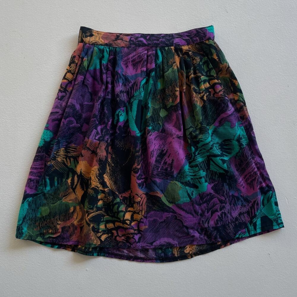 Vtg 90s Colorful Floral Rayon Midi Skirt / Sz 10 / XS/S Retro Jazzy Pleated